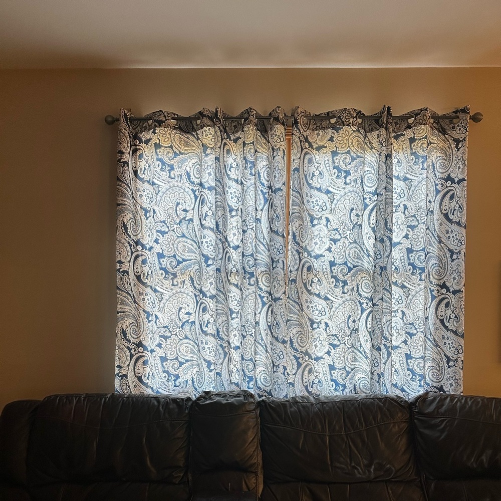 The Big One blue paisley window panels grommet style. 50”W x 96”L